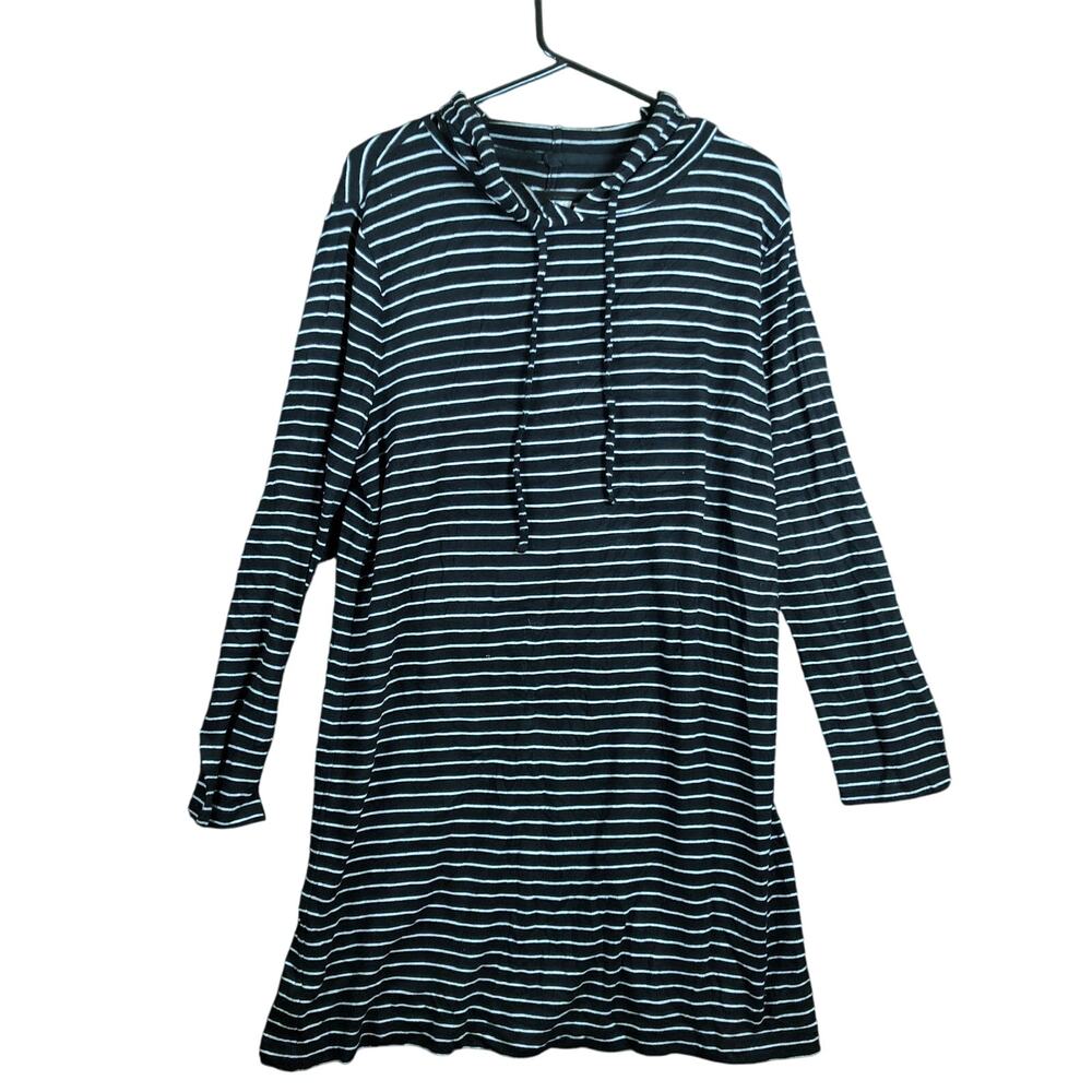Lou & Grey Womens Sweater Dress Black White Stripe Pullover Hooded Stretch XL